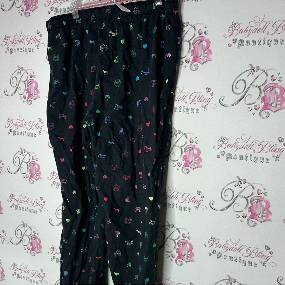 Victoria secret pink pj bottoms shiny shimmer logo print black multi color